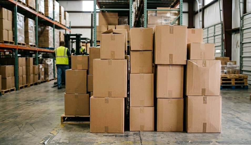 Stack of corrugated boxes on pallet with warehouse worker operating a forklift at Boise Boxes