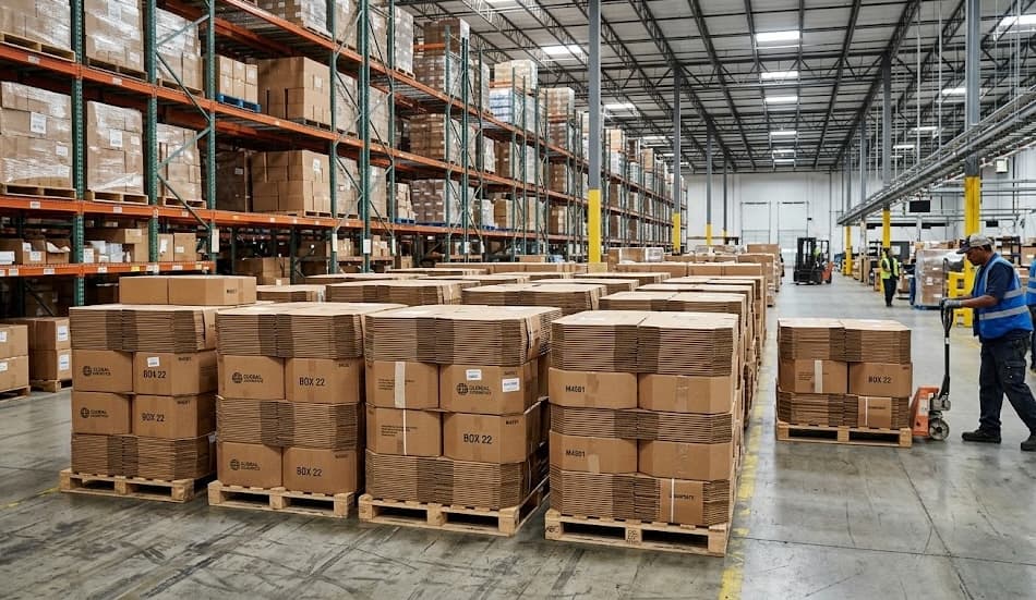 Large warehouse with organized rows of palletized boxes at our Boise facility