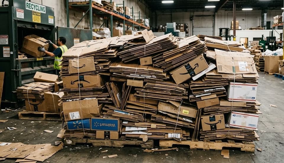 Pile of flattened recycled cardboard at recycling station ready for processing