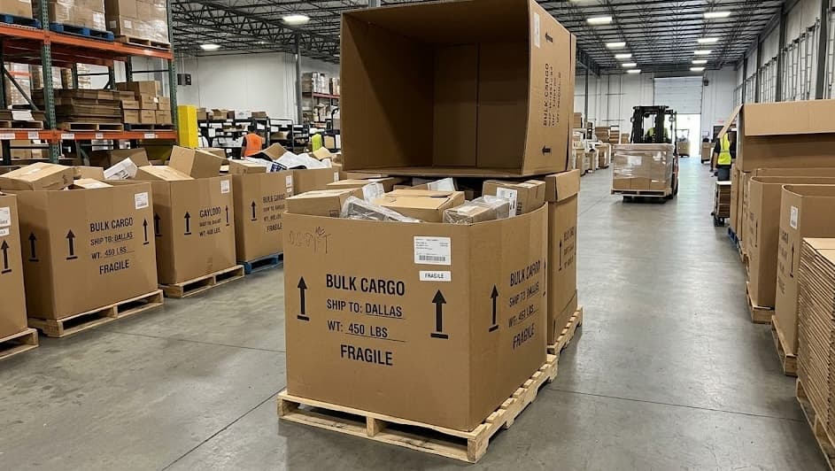 Gaylord boxes on pallets with bulk cargo labels ready for shipment