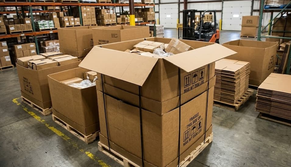 Open gaylord boxes in warehouse setting showing interior construction