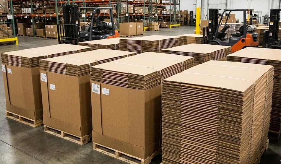 Flat stacks of corrugated sheets on pallets ready for bulk distribution